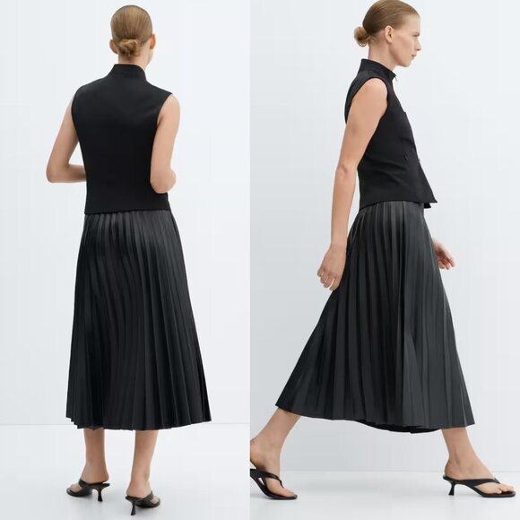 NWT Mango Black Leather-Effect Pleated Midi Skirt High Waist Vegan Leather XL - Picture 2 of 5